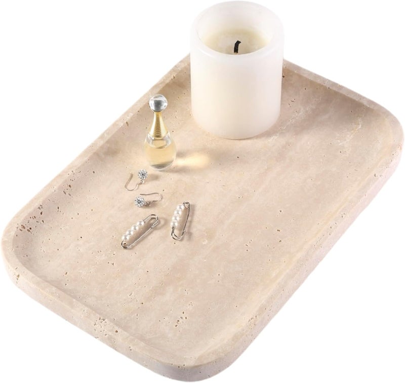 karibiber Marble Vanity Tray for Dresser Organizer, Travertine Bathroom Tray Countertop, Beige Decorative Serving Trays, Kitchen Sink Storage, Jewelry & Perfume Holder(Travertino Romano) - Image 1